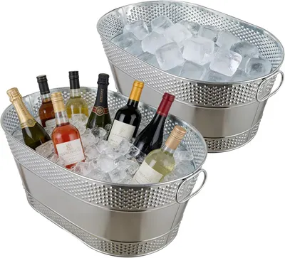 Shows the silver perforated oval tubs as the core sellable item, with one filled with bottled drinks on ice and one filled with ice, so shoppers can see the…