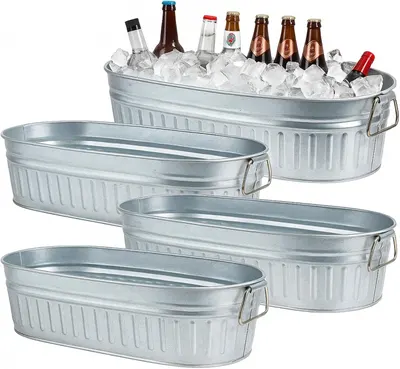 Shows the four galvanized oval tubs that are the core sellable set, with the top tub filled with ice and bottles to illustrate beverage serving use. Suggests a casual party or outdoor entertaining…