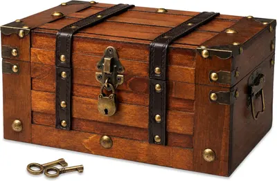 Shows the wooden treasure chest clearly with its vintage styling and brass hardware so shoppers can see the core item and its included keys. Shows the…