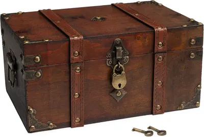 Shows the wooden treasure chest clearly with its antique brass hardware and padlock so shoppers can see the core item's vintage look and build quality. Shows…