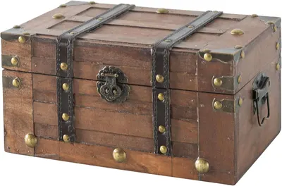 Shows the wooden treasure chest clearly on a plain background so shoppers can see its vintage pirate style, brass studs, and leather straps. Reassures buyers of the exact item they will receive. A…