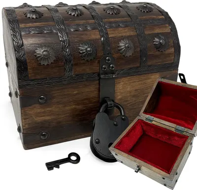 Shows the core treasure chest clearly so the shopper can see its wood construction, dome lid, and decorative hardware. Shows the included padlock, key, and…