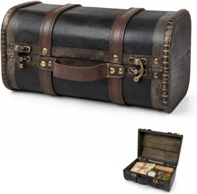 Shows the core decorative trunk clearly so shoppers can see its vintage styling and sturdy build. Shows the open trunk with a pocket watch and scroll inside to suggest the storage and display…