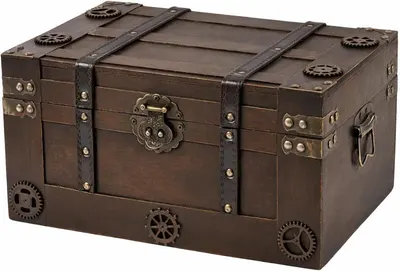 Shows the core wooden storage trunk clearly so shoppers can see its vintage styling, gear decorations, and metal hardware details. Uses a clean catalog presentation with a subtle shadow to ground…