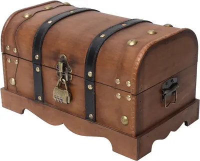Shows the wooden treasure chest clearly with its antique styling and included brass hardware and lock, reassuring shoppers of the decorative look and sturdy build. Grounds the chest with a subtle…