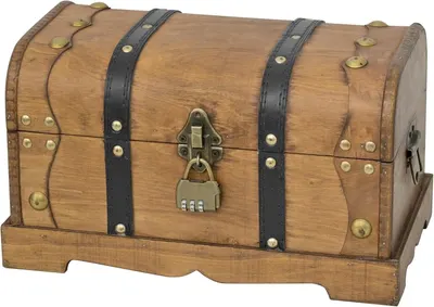 Shows the full wooden treasure chest clearly on a plain background so shoppers can see its classic pirate-style design and build quality. Highlights the…
