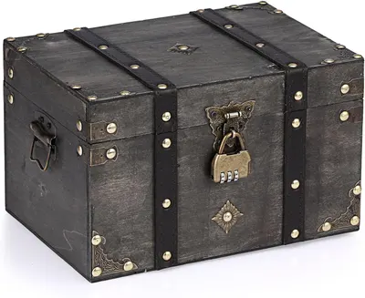 Shows the core wooden trunk clearly on a white background so shoppers can see its vintage styling, metal hardware, and build. A faint drop shadow grounds the chest so it looks solid and realistic…