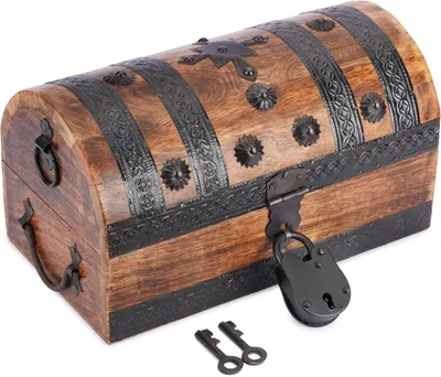 Shows the core wooden treasure chest clearly so shoppers can see its shape, wood grain, and metal detailing. Shows the included padlock and two keys so…