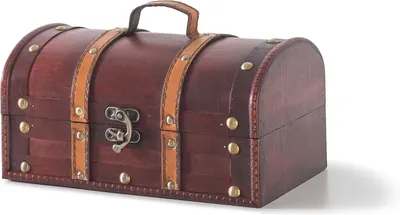 Shows the core wooden treasure chest clearly on a clean background so shoppers can see its vintage pirate-style design and sturdy construction. The subtle drop shadow grounds the chest visually and…