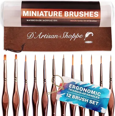 Shows the full 12-brush miniature set laid out so shoppers can see the included brush sizes and handle design. Reassures buyers they receive the complete set. Displays the included tube case and…