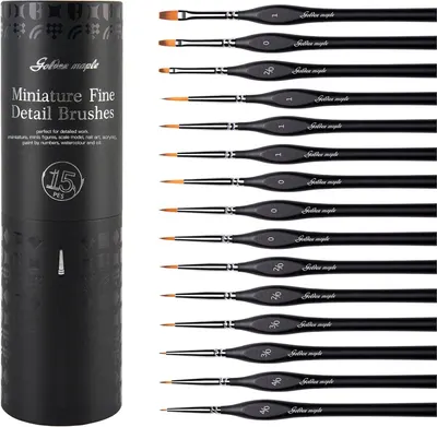 Shows the full set of 15 fine detail brushes laid out side by side so shoppers can see the included sizes and tip shapes. Shows the black cylindrical storage tube the brushes come in, reassuring…
