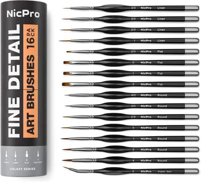 Shows the full 16-piece set of fine detail brushes laid out so shoppers can see every size and shape included in the purchase. Shows the included cylindrical storage tube so buyers see the brushes…