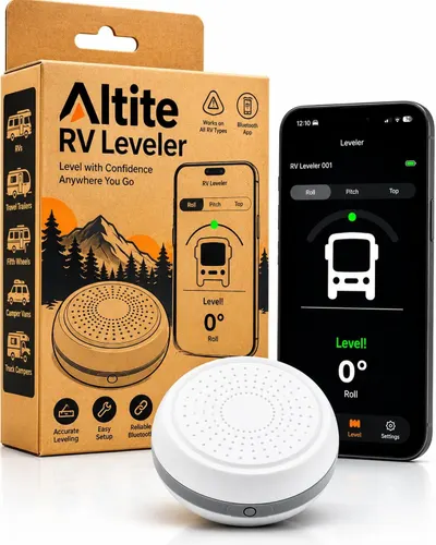 Shows the white RV leveler sensor as the core sellable item so shoppers can see exactly what they receive. Displays the branded kraft retail box beside the device to reassure buyers of a complete,…