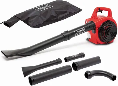 Shows the core petrol leaf blower and vacuum unit clearly on a clean catalog background so shoppers can see the main machine. Shows the included collection bag and multiple attachment tubes and…