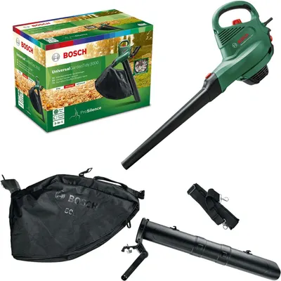 Shows the core Bosch UniversalGardenTidy 3000 blower vacuum clearly on a clean catalog background so shoppers can see the main unit. Shows the real retail box alongside the unit so shoppers know…