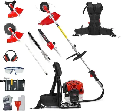 Shows the core backpack gas trimmer with its engine, shaft, and harness clearly visible so the shopper understands what is being sold. Reassures buyers that…