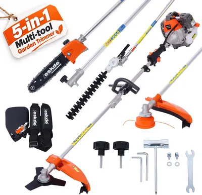 Shows the complete 5-in-1 garden trimmer system with its engine power head and all attachments laid out so shoppers can see the full kit. Reassures buyers they get a complete multi-function garden…
