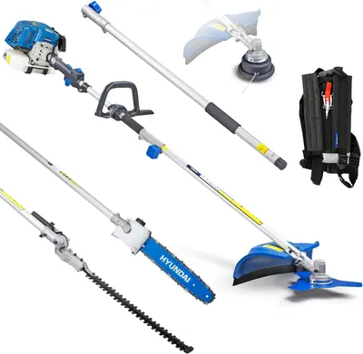 Shows the core multi-function pole tool power head and shaft system so shoppers can see the main unit they are buying. Reassures shoppers that multiple attachments and a shoulder harness are…