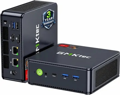 Shows the core GMKtec mini PC clearly on a white catalog background so shoppers can see its compact form and ports. Highlights the 3 year warranty badge on the product to reassure buyers about long…