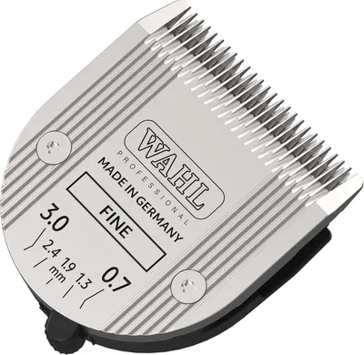 Shows the core clipper blade up close so the shopper can confirm its design, fine cutting teeth, and German-made quality. Uses a soft shadow beneath the blade…