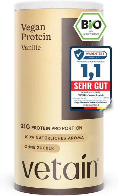 Shows the physical protein tub the buyer receives so they can confirm the product name, flavor, and packaging format before purchase. Uses a soft shadow and…