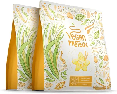 Shows the vegan protein powder pouch clearly so shoppers can see the product and its plant-based branding. Shows the actual retail pouch with its vanilla label, reassuring buyers of the real…