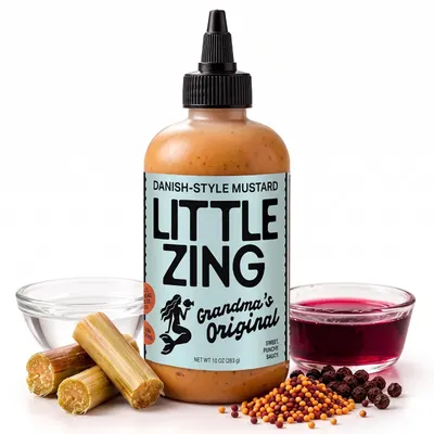 Shows the Little Zing Danish-style mustard bottle clearly so shoppers can see the product and its squeeze-tip applicator. Surrounds the bottle with sugar…
