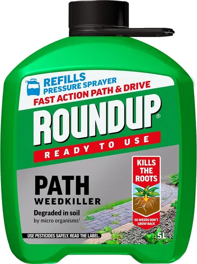Shows the core 5L ready to use weedkiller bottle so the shopper knows exactly what is being sold. Places the product within a garden path scene to show where it is used and reassure the buyer it…