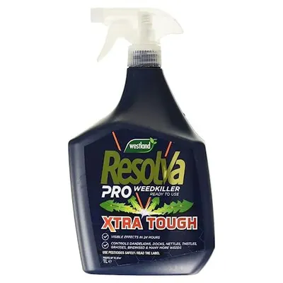 Shows the core Resolva Pro weedkiller trigger spray bottle clearly so the shopper knows exactly what they are buying. The dark navy backdrop makes the white and green bottle stand out and gives the…