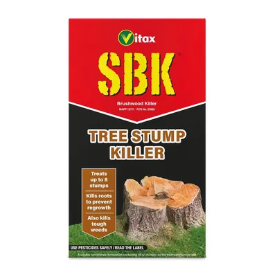 Shows the core SBK Tree Stump Killer product clearly so the shopper knows what they are buying. Displays the real retail carton with branding and label details to reassure the buyer of authentic…