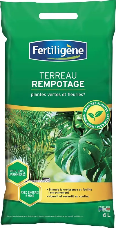 Shows the actual soil bag the buyer receives so they know the format and 6L size. The bold green backdrop and plant photos make the bag stand out and signal the product is for plants.
