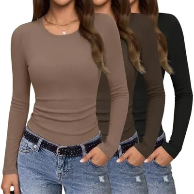 Shows the core ribbed long sleeve tops in a multi-pack set so shoppers can see the fitted fit and included colors. A model wearing the tops shows how the fitted silhouette looks in real use and…
