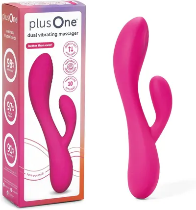 Shows the core dual vibrating massager clearly so the shopper knows exactly what is being sold. Displays the real retail box with brand and feature callouts to reassure shoppers of the product's…