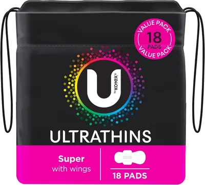 Shows the real retail pouch so the shopper sees the 18-pad value pack and Super with wings label before buying. The black packaging and pink band ground the product visually and make the brand stand…