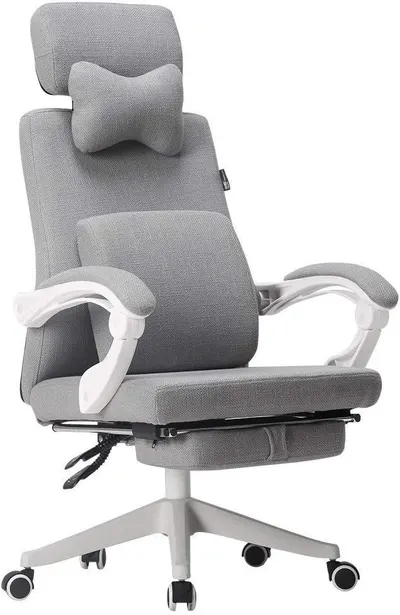 Shows the full gray fabric office chair with headrest and lumbar pillow so shoppers can see its build and supportive design. Shows the included neck pillow and retractable footrest as extras that…