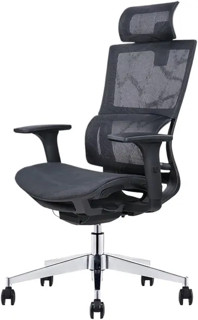 Shows the full ergonomic mesh office chair with headrest and adjustable armrests on a clean catalog background so shoppers can judge its design and build. Uses a clean catalog treatment with subtle…