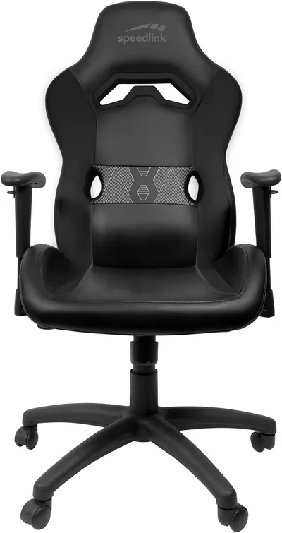 Shows the full gaming chair clearly on a white background so shoppers can see its racing-style design, padded seat, and five-star wheeled base. The subtle…
