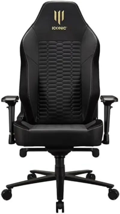 Shows the full black gaming chair on a clean background so shoppers can judge its design, build, and included adjustable arms and base. The black backdrop…