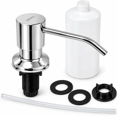 Shows the core chrome soap dispenser pump and its white refill bottle clearly on a clean white background so shoppers see exactly what they receive. Shows the included mounting washers, nut, and…