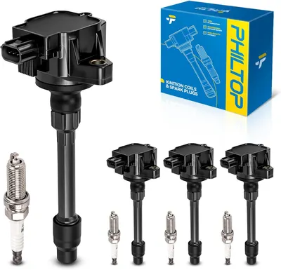 Shows the full set of four ignition coils with matching spark plugs so the buyer knows exactly what is included in the kit. Displays the branded retail box so the shopper recognizes the packaging…
