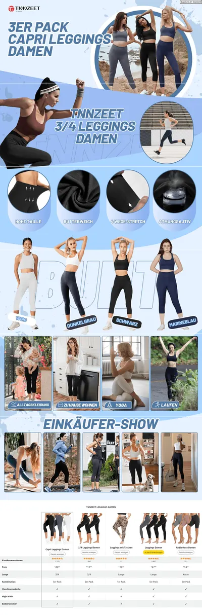 Premium A+ Content for TNNZEET 3er Pack Capri Leggings Damen 3/4 für Sport