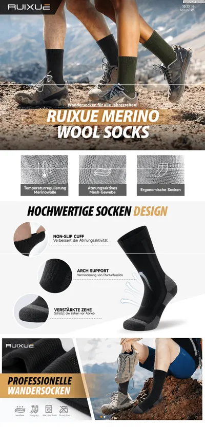 Premium A+ Content for Ruixue Merino Wandersocken Herren & Damen