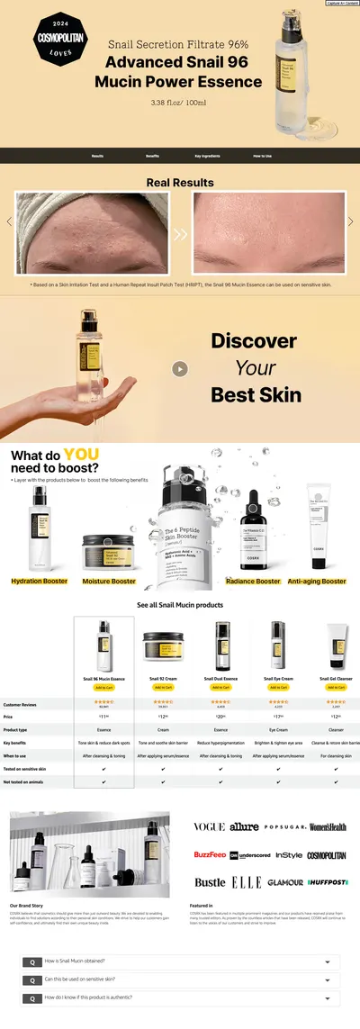 Premium A+ Content for Amazon.com: COSRX Snail Mucin 96% Power Repairing Essence 3.38 fl.oz 100ml