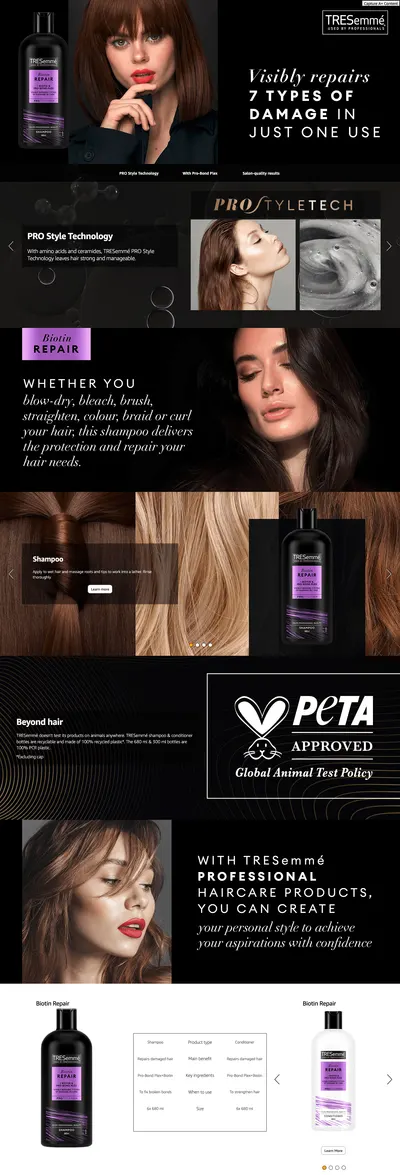 Premium A+ Content for TRESemmé Biotin Repair Shampoo visibly repairs 7 types of damage in one use for dry