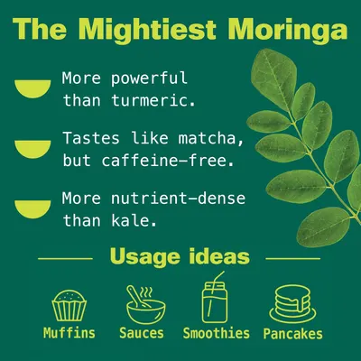 Highlights multiple key benefits of the moringa product, positioning it as a superior and versatile superfood.