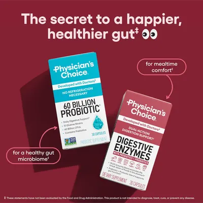 Highlights the key features and benefits of the probiotic and digestive enzyme supplements, including their formulation with doctors, lack of refrigeration requirement, and ability to support gut…