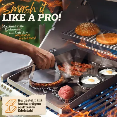 Secondary Images for LIKAYA® Smash Burger Master-Set XXL [9-TLG.] Edelstahl mit Akazienholz-Griffen für Plancha