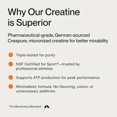 Highlights multiple superior qualities of the creatine product to establish its premium status and effectiveness for athletes. Implies superiority over other creatine products by emphasizing unique…