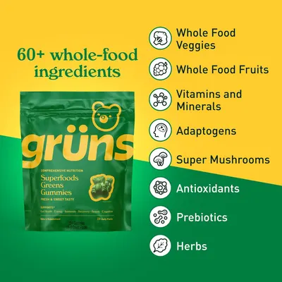 Highlights the product's diverse nutritional content, emphasizing its 60+ whole-food ingredients and various beneficial components to appeal to health-conscious consumers.