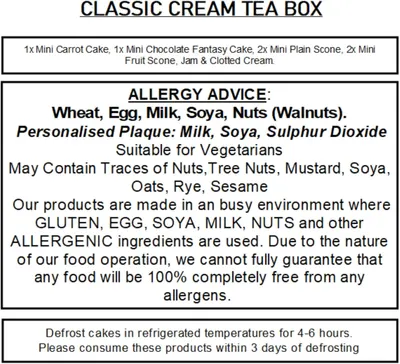 Lists all the items included in the Classic Cream Tea Box to show customers what they will receive.